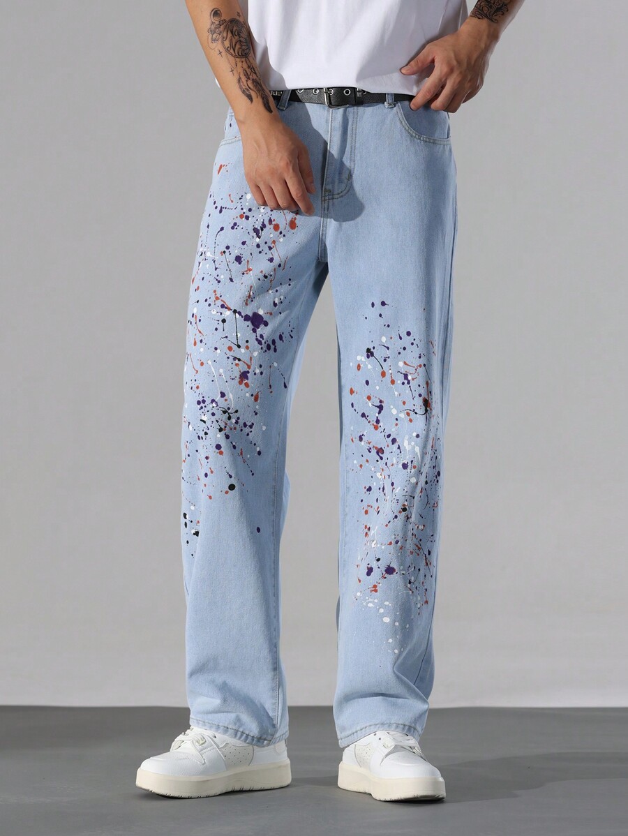 Jeans de pierna recta con manchas de pintura, personalidad, jeans