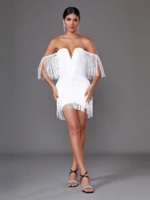 Love Aing 2024 New Ladies Sexy V-Neck Sleeveless Bandage Party Mini Dress With Fringe, For Ball & Gala White Elegant Cocktail Semi Formal Prom Wedding Guest Dress, For Birthday, Graduation, Dinner, Homecoming