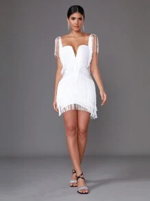 Love Aing 2024 New Ladies Sexy V-Neck Sleeveless Bandage Party Mini Dress With Fringe, For Ball & Gala White Elegant Cocktail Semi Formal Prom Wedding Guest Dress, For Birthday, Graduation, Dinner, Homecoming