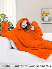 1 Pcs Wearable Blanket Sweatshirt Gifts For Women And Men, Warm And Cozy Giant Blanket Hoodie, Thick Flannel Blanket With Sleeves And Giant Pocket - 橘色 - 查看 3