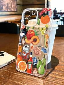 1 pieza Funda de teléfono de TPU transparente con diseño de fruta y bebida, anti-caídas y antihuellas compatible con iPhone