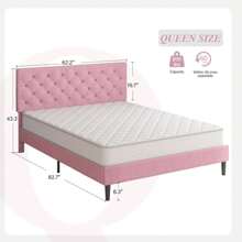 HOMBCK Upholstered  Bed Frame With Headboard, Linen Platform Bed  Frame With Wooden Slats Support,Twin/ Full/ Queen/ King,Pink/ White/ Blue/ Light Grey/ Dark Grey/ Black/ Cream - 粉色 - 查看 9