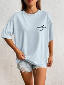 Women's Letter Print Drop Shoulder T-Shirt - Màu xanh nhạt - Xem 2
