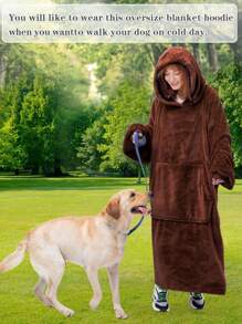 1 Pcs Wearable Blanket Sweatshirt Gifts For Women And Men, Warm And Cozy Giant Blanket Hoodie, Thick Flannel Blanket With Sleeves And Giant Pocket - 棕色 - 查看 5