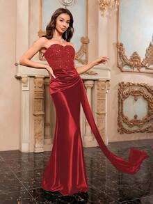 MASFEARS Off-Shoulder Slit Sleeveless Elegant Formal Evening Gown - Red - View 6