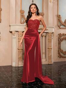 MASFEARS Off-Shoulder Slit Sleeveless Elegant Formal Evening Gown - Red - View 8