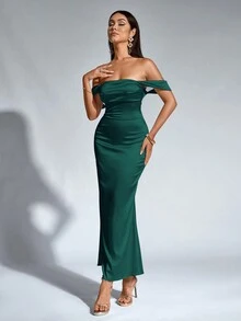 PARTHEA Off-Shoulder Ruched Satin Elegant Bridesmaid Dress - Green - View 6