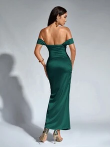 PARTHEA Off-Shoulder Ruched Satin Elegant Bridesmaid Dress - Green - View 2