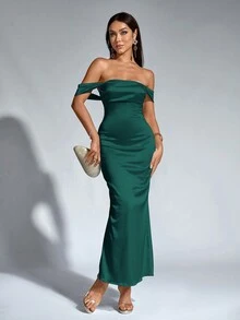 PARTHEA Off-Shoulder Ruched Satin Elegant Bridesmaid Dress - Green - View 5
