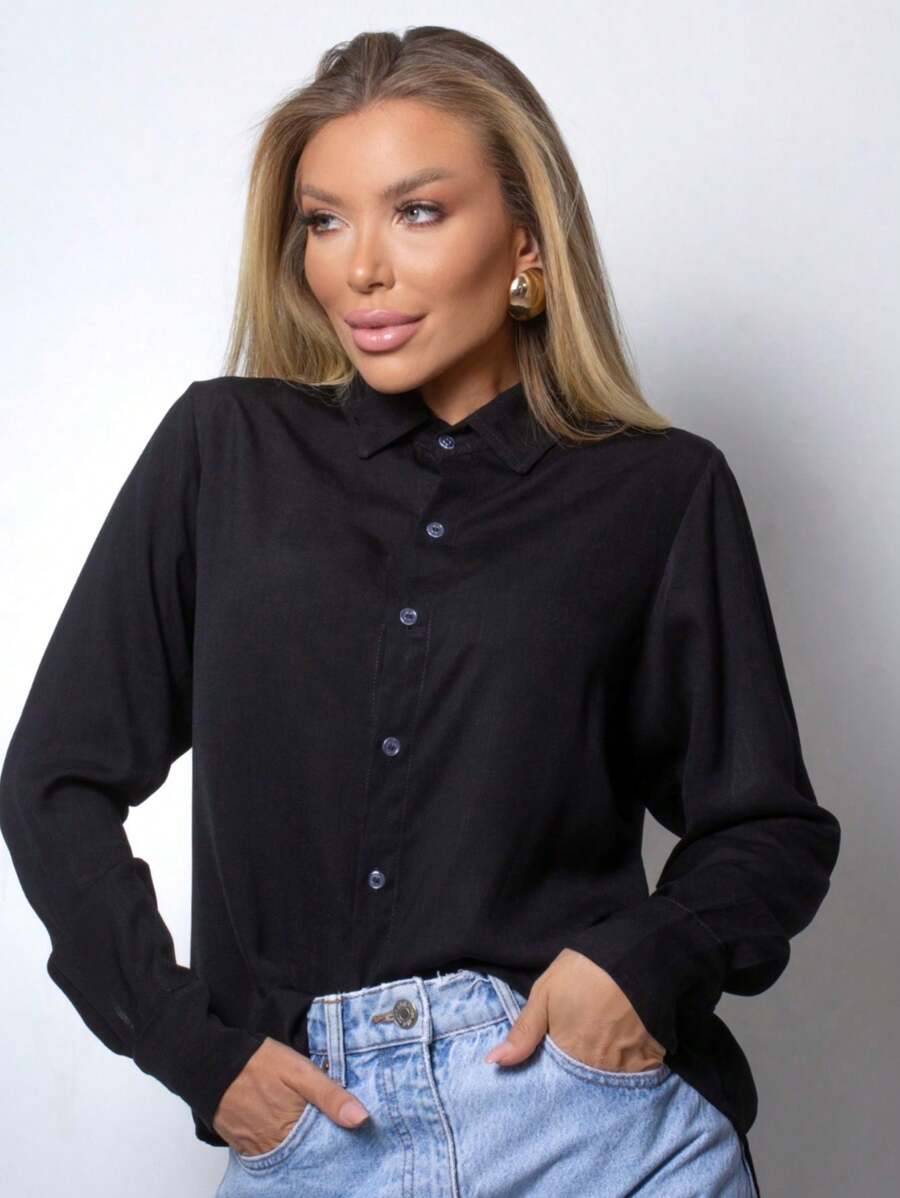 Women's Shirt Social Elegant Sophisticated Pocketless Classic Professional Casual Executive Fashion - 黑色 - 查看 1