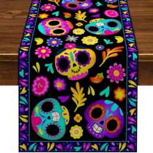 Toalha de mesa com estampa de caveira do Dia dos Mortos, ideal para festas temáticas de Halloween e Carnaval Mexicano. Perfeita para cozinha, restaurante e decoração de casa. Ideal para fazendas, residências, feriados, festas, aniversários, casamentos e jantares. Decorações de Halloween e festas temáticas em casa.