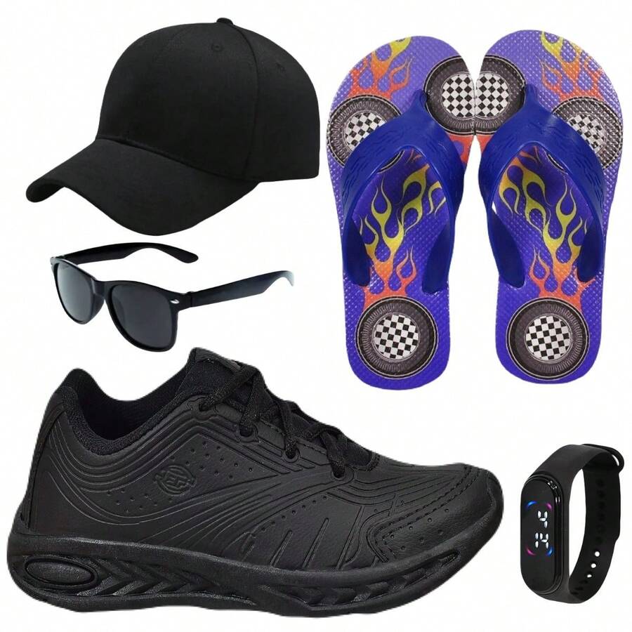 Men's Children's Sneakers Basic School Sport Comfortable Black White + Glasses Watch Cap Slippers - màu đen - Xem 1