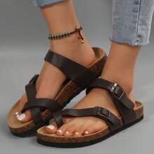 Women's Flat Cork Sandals, Summer Sandals Toe Loop Cross Strap, Retro Style & Casual Sandals With Adjustable Strap Buckle - Cà phê nâu - Xem 4
