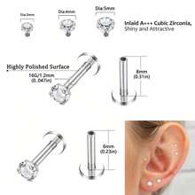 Set de 3 anillos nasales/pendientes de acero inoxidable hipoalergénico 16G con CZ transparente incrustado, rosca interna, para perforación de labio, cartílago, oreja, nariz, para mujeres y hombres, en colores rojo, azul y rosa de 3mm, 4mm y 5mm