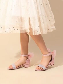 Girls Sandals Low Heel Dress Pump Ankle Strap Interchangeable Bow Flower Wedding Party Shoes For Little Kid/Big Kid - Pink - View 3
