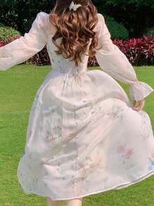 Elegant Dresses Suitable Casual Mesh Dresses,Women's Elegant Chiffon Printed Dress,Floral Print Dress Ruched Chest - 白色 - 查看 5