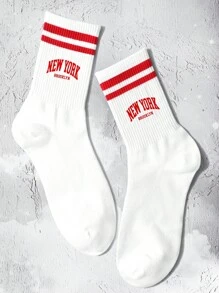 1 par de calcetines medianos de mujer con diseño de letra y barra doble NEW YORK Brooklyn, moda, suaves y cómodos, para estudiantes/deportes/festivales/regalos/hogar/viajes/vuelta al colegio, calcetines de otoño - Multicolor - Ver 5