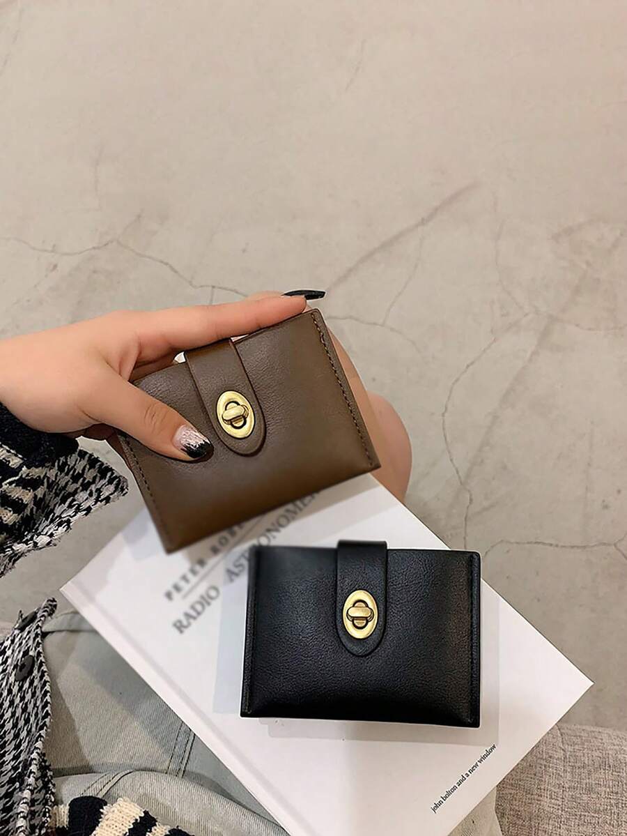 1pc Retro Minimalist And Compact PU Pickup Bag For Women, Black And Brown Student Multi Card Lock Buckle, Coin Wallet, Short Wallet In Hand. For Fall Home Decor - Multicolor - View 1