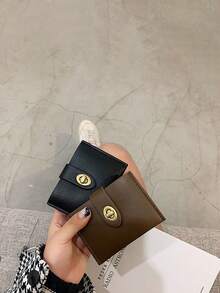 1pc Retro Minimalist And Compact PU Pickup Bag For Women, Black And Brown Student Multi Card Lock Buckle, Coin Wallet, Short Wallet In Hand. For Fall Home Decor - Multicolor - View 2