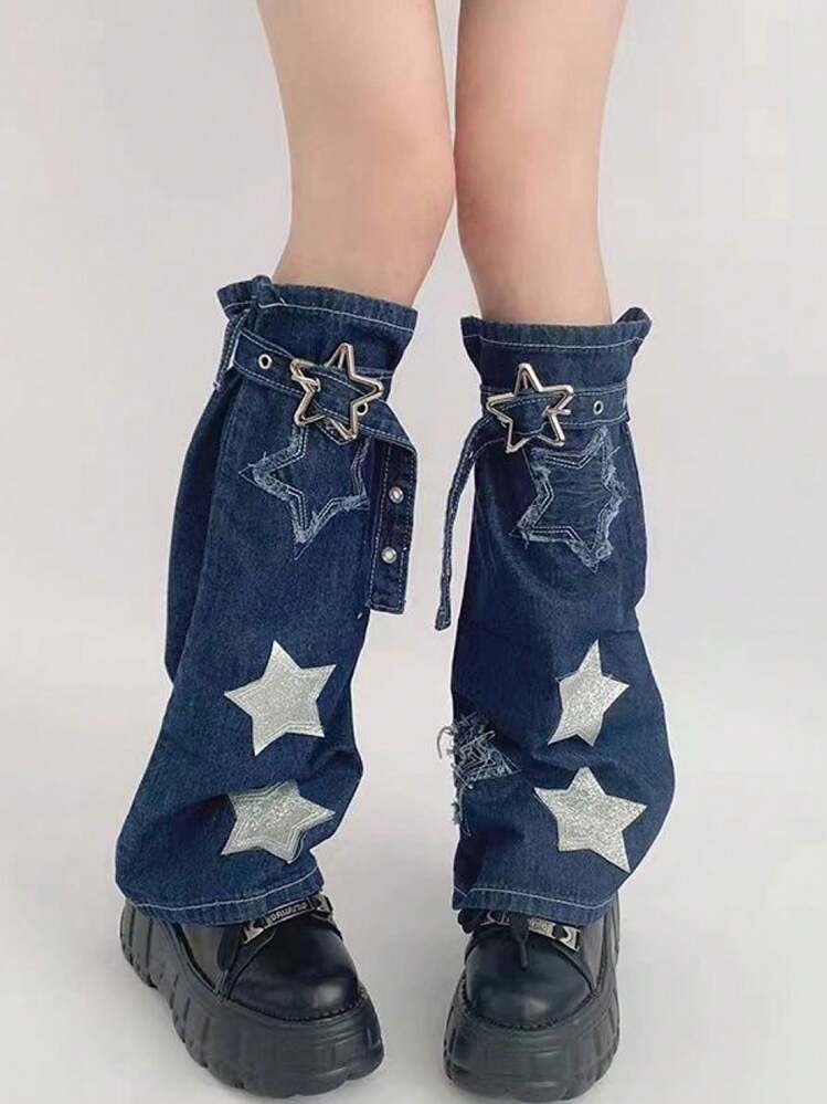 shino　レッグウォーマー 1組 星デザイン ブルーデニム レッグウォーマー、Y2Kスタイル | SHEIN
