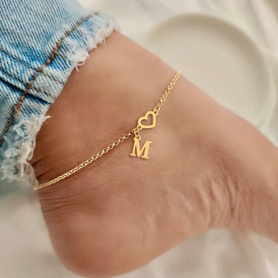 1pc New Fashion Heart & Letter Stainless Steel Chain Anklet, Gift For Women On Valentine's Day, Mother's Day - Yellow Gold - View 1