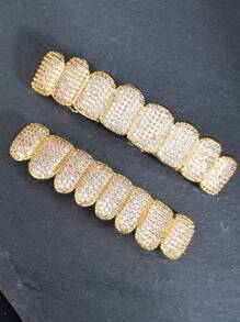 1 cái/2 chiếc 18K Mạ Vàng Halloween Hip Hop Đính Đá Cubic Zirconia Sáng Bóng Răng Khuôn Răng, Khuôn Răng 8 Răng Trên & Dưới Với Bộ Micro CZ, Trang Sức Răng Có Thể Tháo Rời & Điều Chỉnh Cho Nam Và Nữ - Nhiều màu - Xem 5