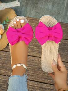 Sandalias planas de moda con lazo y suela de cuerda de lino sintético, talla grande 35-45, cómodas, transpirables y de fácil calce para dama, ideales para el verano - Rosa Fucsia - Ver 3