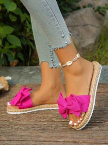 Sandalias planas de moda con lazo y suela de cuerda de lino sintético, talla grande 35-45, cómodas, transpirables y de fácil calce para dama, ideales para el verano - Rosa Fucsia - Ver 4