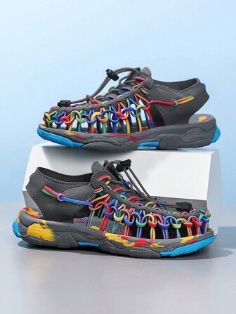 1對男童夏季運動涼鞋，防滑耐用兒童涼鞋，時尚編織設計戶外沙灘鞋，兒童鞋類