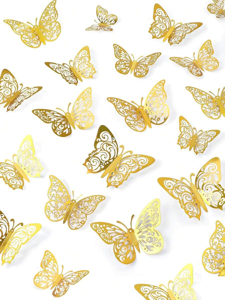 48pcs 3D Butterfly Wall Decor, Purple Butterfly Decorations, 3 Sizes 3 Styles Removable Butterfly Wall Stickers For Birthday Party, Cake Decorating, Room Decor - Gold - View 1