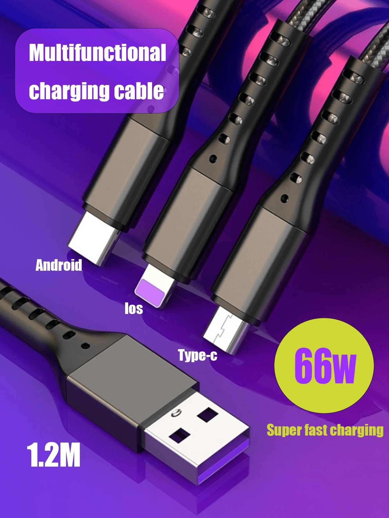 1 cáp dữ liệu dây bện màu đen 5A 66W, thích hợp cho các thương hiệu phổ thông như Huawei/Samsung/VIVO/Xiaomi/OPO/13/14/15, Thích hợp cho điện thoại di động, máy tính bảng và máy tính xách tay.