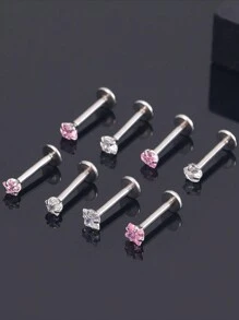 4 件/8 件/16G 不锈钢扁平心形氧化锆唇钉和 T 形耳钉，简约时尚唇环耳环，适合女士耳洞情人节