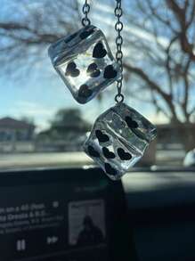 1 Pair Ice Cube Heart Shaped Glittery Dice Car Rearview Mirror Hanging Ornament, Cute Automotive Accessories