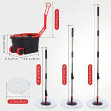 Spin Mop And Bucket With Wringer Set On Wheels, 360 Spinning Mop With Stainless Steel Handle For All Hard Surfaces, Floor Cleaning System With 3 Microfiber Replacement Heads, Black/Red - Black - View 3