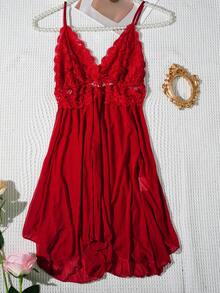 1 件女式圣诞酒红色性感蕾丝网眼透明吊带背心睡袍，适合居家或度假，性感内衣 - 酒紅色 - 查看 6