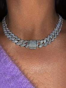 1 件欧美嘻哈水钻覆盖翻盖街头风格项链和手链金属链项链，夏季海滩派对珠宝套装 - 菱形 - 查看 3