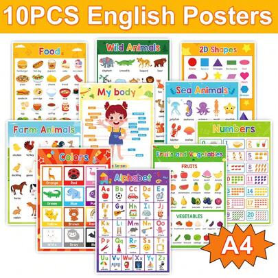 Lachilly 10pcs Colorful Children's English Education Posters, Suitable For Classrooms, Kindergartens And Preschools, Can Be Used For Classroom Decor, English Alphabet, Classroom Wall Art, Early Learning Materials For Kindergarten And Children's Educational Toys.