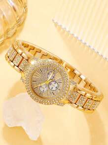 6件套女士不锈钢表带套装，时尚、休闲、优雅、经典、复古，三孔表盘，简约刻度，镶钻表盘，女士石英表，心形手链项链，耳环，戒指首饰套装，适合日常佩戴、装饰、节日礼物、送给朋友和母亲的礼物、情人节礼物。 - 金色 - 查看 3