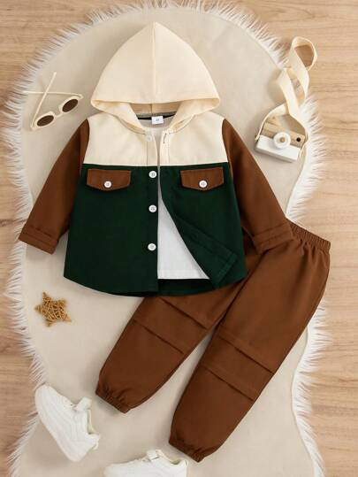 2pcs Young Boy Casual Contrast Color Patchwork Hooded Jacket And Pants Set, Spring Autumn