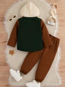 2 Stücke Kleine Jungen Freizeitjacke mit Kapuze und Hose im Kontrast-Patchwork-Design, Frühling Herbst
