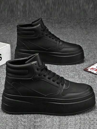 Men's Fashion Casual Sneakers, Geometric Pattern Splicing, Leather, High-Top, Platform, Anti-Slip, Wear-Resistant, Round Toe, Skateboarding Shoes, Youth Campus Style