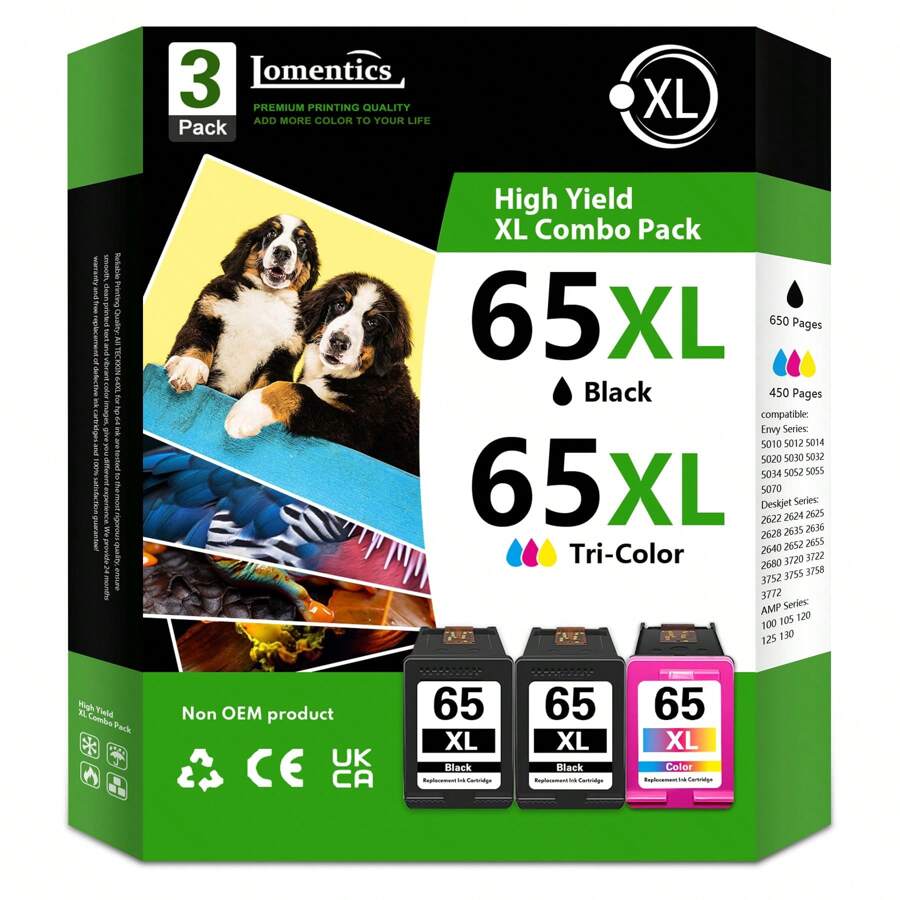 65XL High Yield Ink Cartridges (3Pack, 2Black/1TriColor) Replacement
