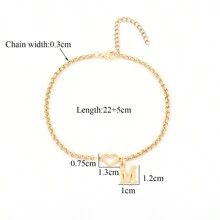 1pc New Fashion Heart & Letter Stainless Steel Chain Anklet, Gift For Women On Valentine's Day, Mother's Day - Yellow Gold - View 2