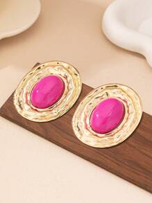 1pair Geometric Textured Oval Shape Inlaid Oval Pearl Vintage Elegant Ear Studs Earrings For Women