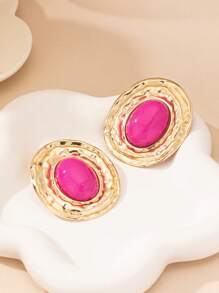 1pair Geometric Textured Oval Shape Inlaid Oval Pearl Vintage Elegant Ear Studs Earrings For Women