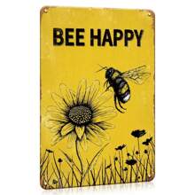 1pc Vintage Metal Bee Happy Sign, 8*12 Inch Rustic Bumblebee Wall Decor, Perfect For Bee Lovers, Spring & Summer, Family Gathering, Cafe, Bakery, Home Decoration, Bee Themed Gift