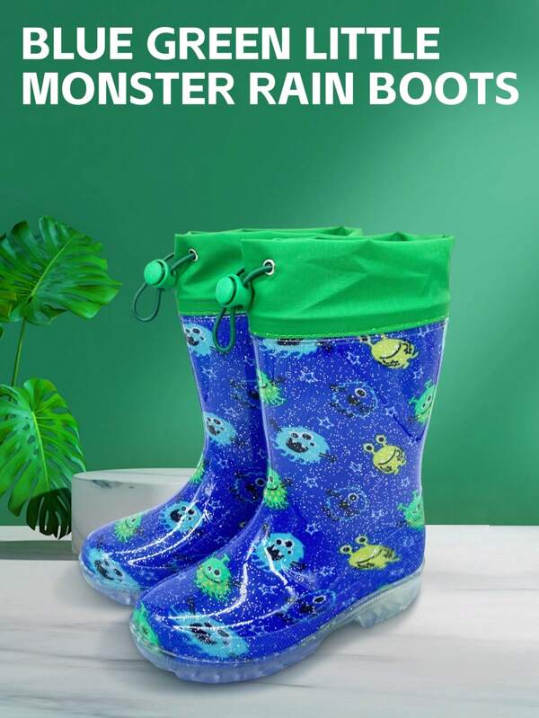 Kinder Jungen Regenstiefel mit Monster Muster, wasserdicht, rutschfest, glänzend, verschleißfest, bequem, weich, leicht mit Kordelverschluss
