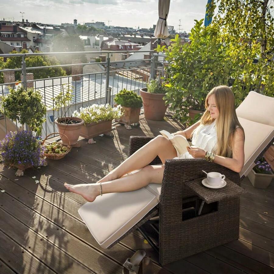 Outdoor Patio Wicker Chair Adjustable Recliner With Cushion And Build-In Table