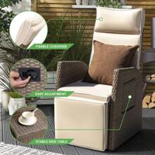 Outdoor Patio Wicker Chair Adjustable Recliner With Cushion And Build-In Table
