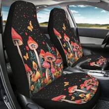 2pcs Aesthetic Starry Night Mushroom Printed Car Seat Covers, Universal Fit Car Seat Covers For Front Seats Only, Automotive Bucket Seat Cushion Pad